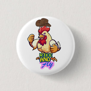 「Funny Chicken Rise and Fly」Tシャツ 缶バッジ