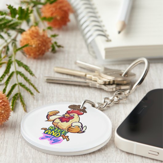 Funny Chicken Rise and Fly” T-Shirt キーホルダー (正面右)