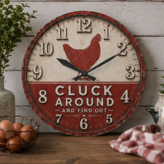 Funny Chicken Rustic Farmhouse  ラージ壁時計