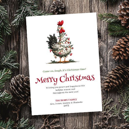 Funny Chicken Watercolor Christmas Greeting Card シーズンカード