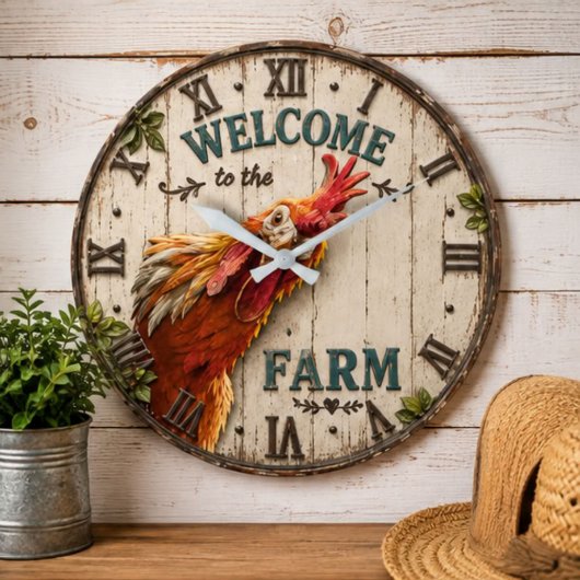 Funny Chicken Welcome to the Farm Rustic ラージ壁時計