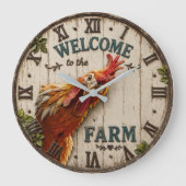 Funny Chicken Welcome to the Farm Rustic ラージ壁時計 (正面)