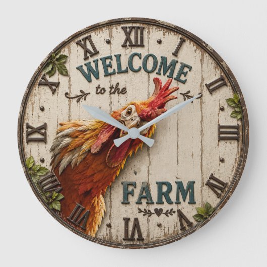 Funny Chicken Welcome to the Farm Rustic ラージ壁時計 (正面)