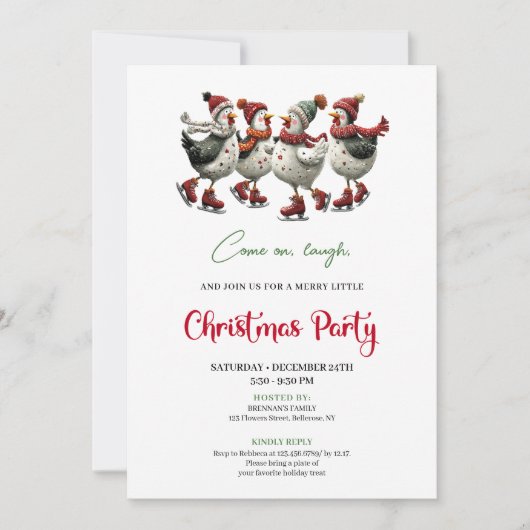 Funny Chickens Festive Red Green Holiday Invites 招待状 (正面)
