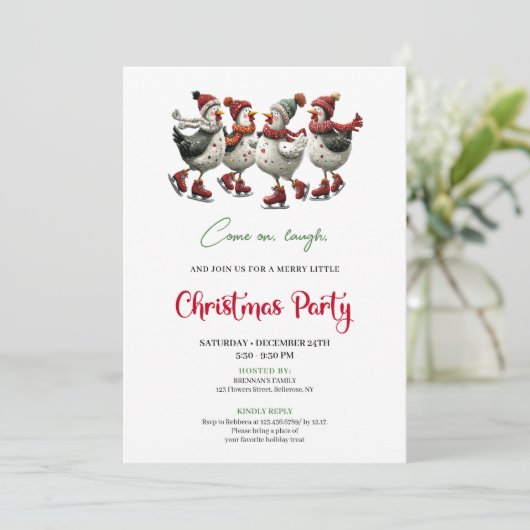 Funny Chickens Festive Red Green Holiday Invites 招待状 (スタンド正面)