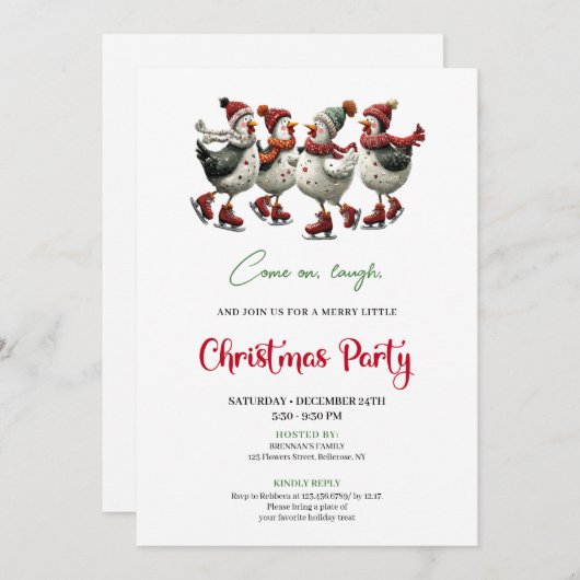 Funny Chickens Festive Red Green Holiday Invites 招待状 (正面/裏面)