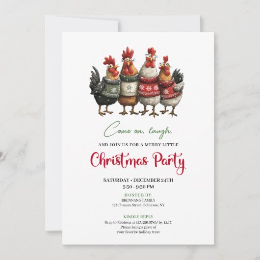 Funny Chickens Minimalist Red Green Holiday Invite 招待状 (正面)