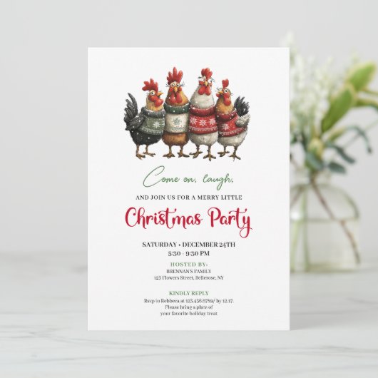 Funny Chickens Minimalist Red Green Holiday Invite 招待状 (スタンド正面)