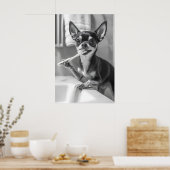 Funny Chihuahua Bathroom Art Print, Brushing Teeth ポスター (キッチン)