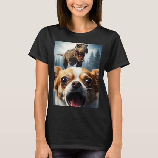Funny Chihuahua Dog Selfie With T-rex Women Men Ki Tシャツ (正面)
