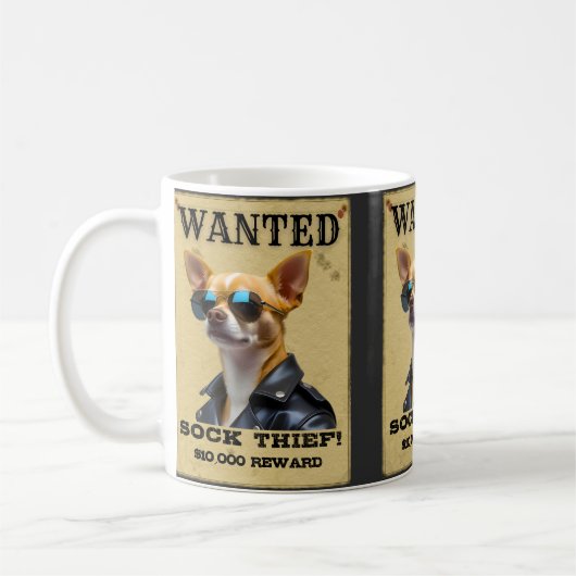Funny Chihuahua WANTED Poster with Cool Sunglasses コーヒーマグカップ (左)