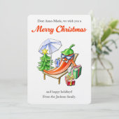 Funny Chili on Sun Lounger Personalized Christmas 招待状 (スタンド正面)