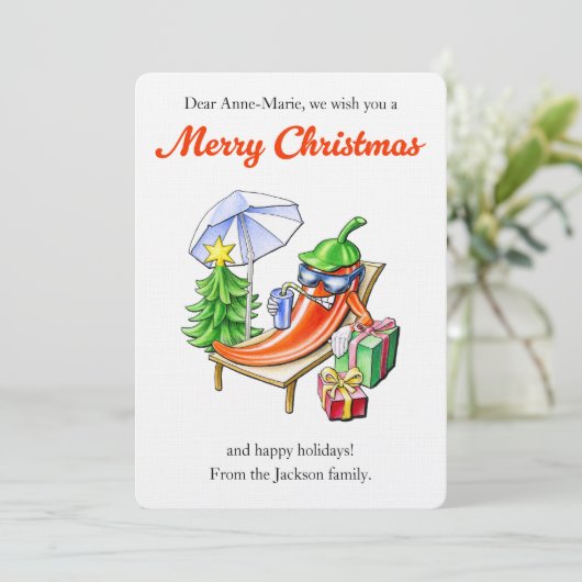 Funny Chili on Sun Lounger Personalized Christmas 招待状 (スタンド正面)