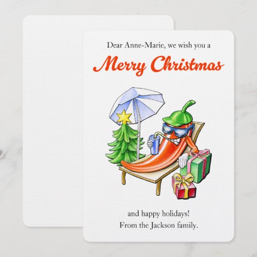 Funny Chili on Sun Lounger Personalized Christmas 招待状 (正面/裏面)