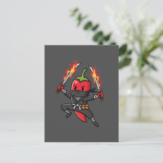 Funny Chili Pepper Fire Ninja Samurai Illustration ポストカード (スタンド正面)