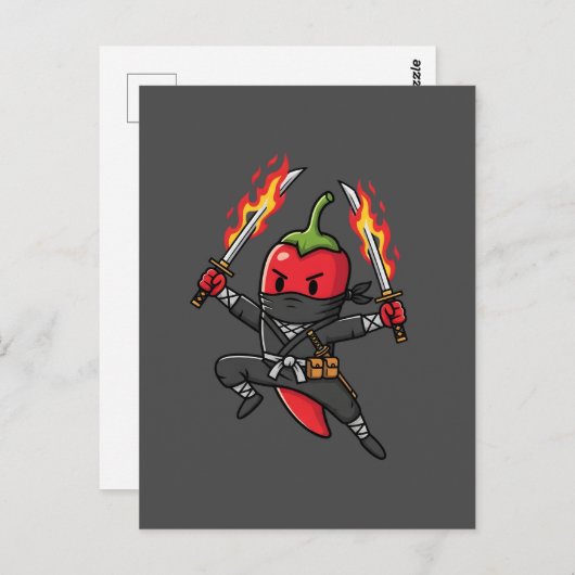 Funny Chili Pepper Fire Ninja Samurai Illustration ポストカード (正面/裏面)