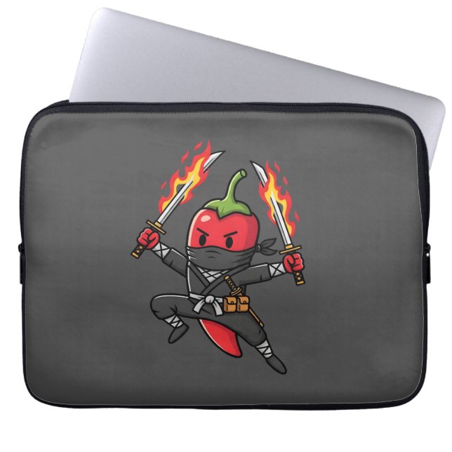 Funny Chili Pepper Fire Ninja Samurai Illustration ラップトップスリーブ (正面)