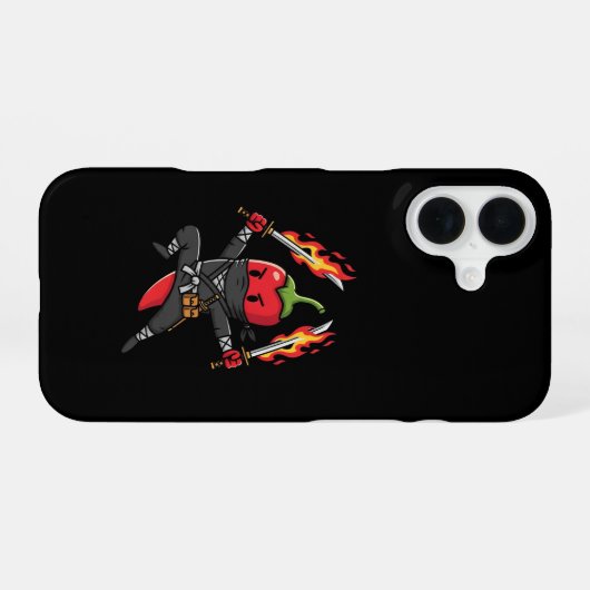 Funny Chili Pepper Fire Ninja Samurai Illustration iPhone 16ケース (裏面横)