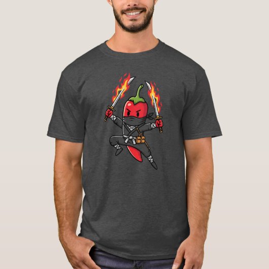 Funny Chili Pepper Fire Ninja Samurai Illustration Tシャツ (正面)
