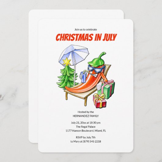 Funny Chilli Christmas in July Summer Pool Party 招待状 (正面/裏面)