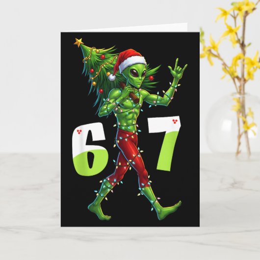 Funny Christmas Alien Six Seven Meme 67 Santa Hat  カード (黄色い花)