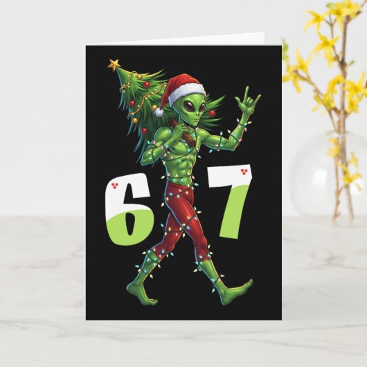 Funny Christmas Alien Six Seven Meme 67 Santa Hat カード (黄色い花)