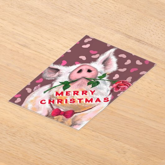 Funny Christmas Card Gentleman Pig with Rose アクリル招待状 (レイダウン)