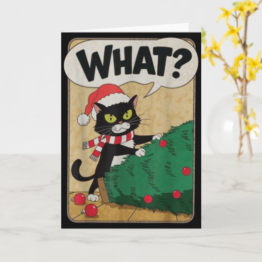 Funny Christmas Cat Christmas Tree Meowy Christmas カード (黄色い花)