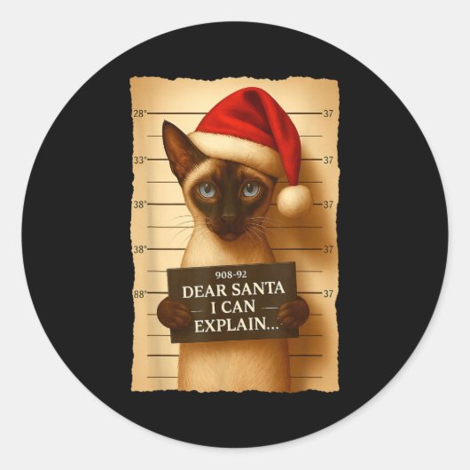 Funny Christmas Cat- Cute Siamese Santa Hat Tee  ラウンドシール (正面)