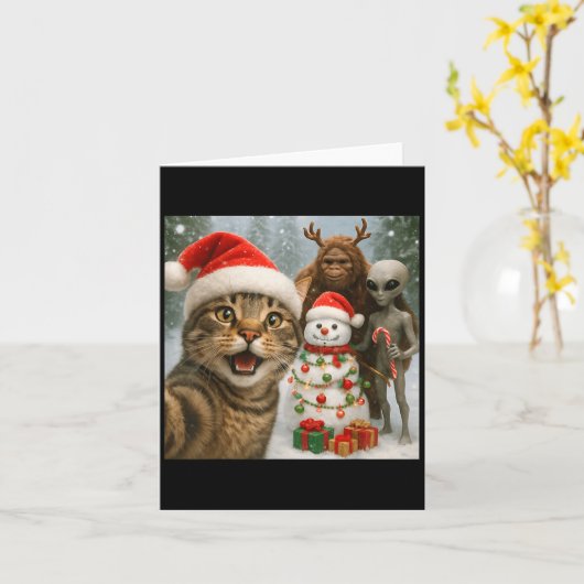 Funny Christmas Cat Selfie With Bigfoot Alien &amp カード (黄色い花)