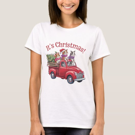 Funny Christmas Cats in Red Truck Tシャツ (正面)