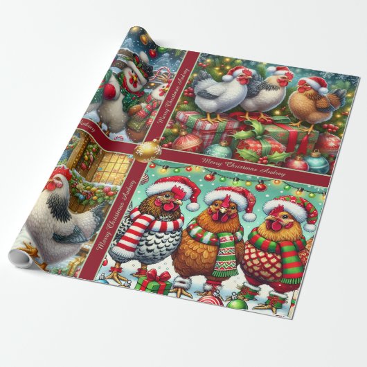 Funny Christmas Chickens Wrapping Paper with Text ラッピングペーパー (アンロールド)
