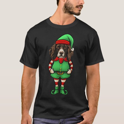 Funny Christmas Elf English Springer Spaniel Dog Tシャツ (正面)