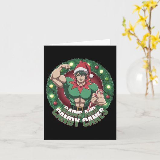 Funny Christmas Elf Gym Workout Gains And Candy Ca カード (黄色い花)