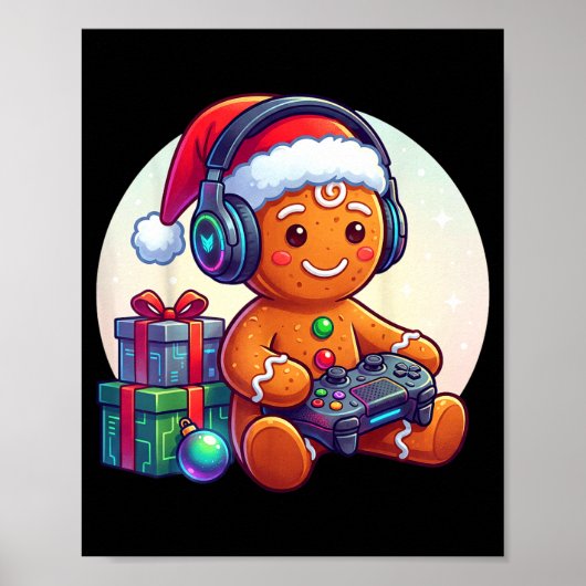 Funny Christmas Gamer Gingerbread Xmas Gaming Men  ポスター (正面)