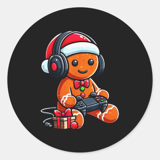 Funny Christmas Gamer Gingerbread Xmas Gaming Men  ラウンドシール (正面)