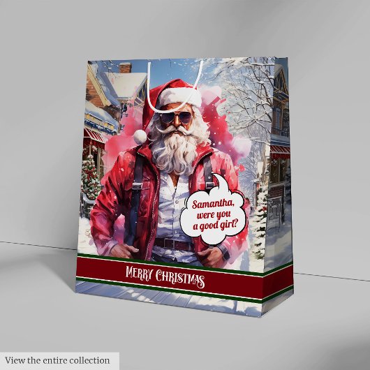 Funny Christmas Gift Bag Handsome Santa Keepsake ミディアムペーパーバッグ