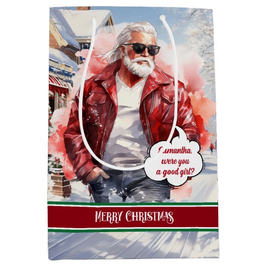 Funny Christmas Gift Bag Santa Medium Holiday Art ミディアムペーパーバッグ (正面)