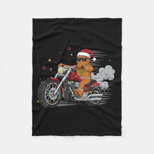Funny Christmas Gingerbread Man Biker Riding A Mot フリースブランケット (正面)