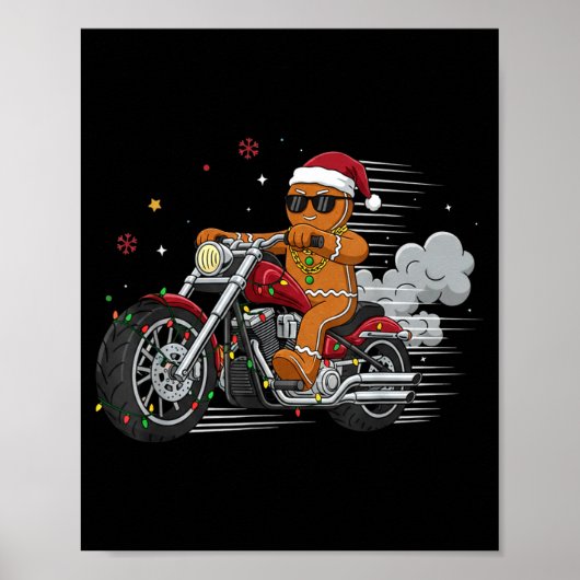 Funny Christmas Gingerbread Man Biker Riding A Mot ポスター (正面)