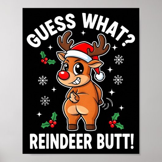Funny Christmas Guess What Reindeer Butt Santa Hat ポスター (正面)