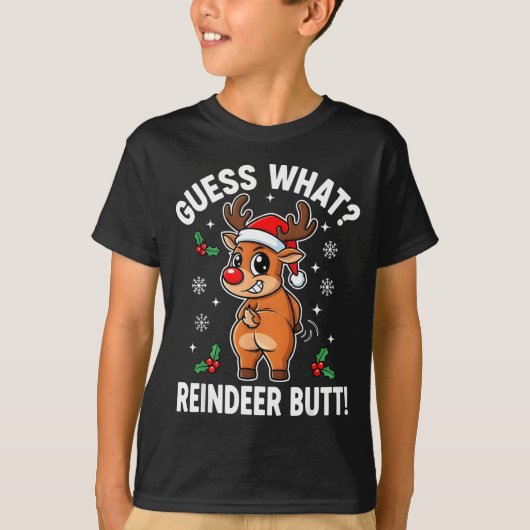 Funny Christmas Guess What Reindeer Butt Santa Hat Tシャツ (正面)