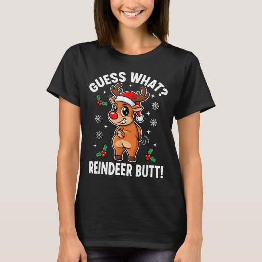 Funny Christmas Guess What Reindeer Butt Santa Hat Tシャツ (正面)