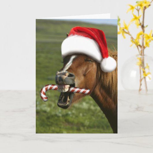 Funny Christmas horse with Santa hat smiling カード (黄色い花)