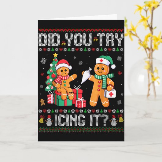 Funny Christmas Nurse Did You Try Icing It_ Ginger カード (黄色い花)
