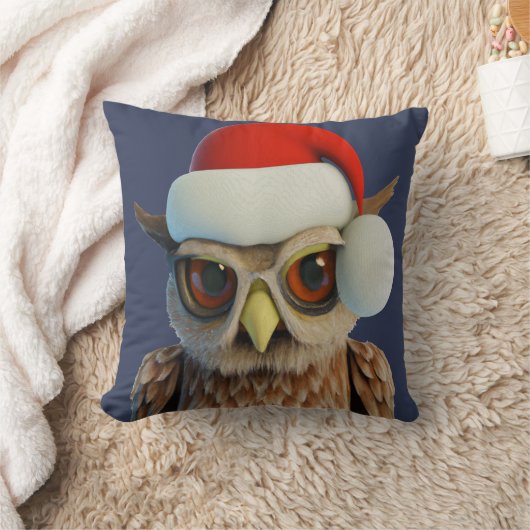Funny Christmas Owl Wearing Santa Hat クッション (ブランケット)