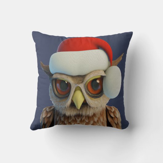 Funny Christmas Owl Wearing Santa Hat クッション (裏面)