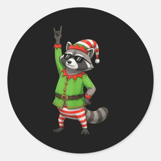 Funny Christmas Raccoon Dressed As Elf With Sungle ラウンドシール (正面)