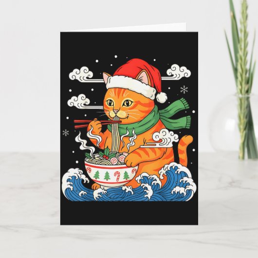 Funny Christmas Ramen Cat Eating Noodles Japanese  カード (正面)