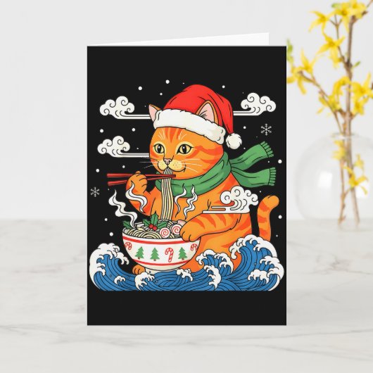 Funny Christmas Ramen Cat Eating Noodles Japanese  カード (黄色い花)